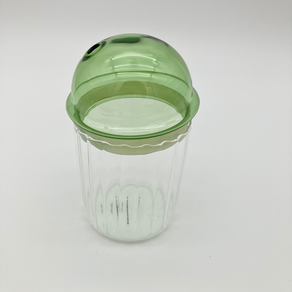 Anthropologie Dome Lid Sipper Cup 15.2oz Green Ribbed Glass Tumbler Viral